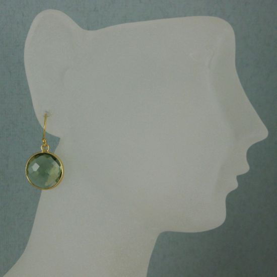 Wholesale Bezel Gemstone Round Pendant Earrings - Gold Plated Hooks - Green Amethyst Quartz