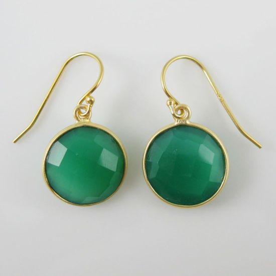 Wholesale Bezel Gemstone Round Pendant Earrings - Gold Plated Hooks - Green Onyx