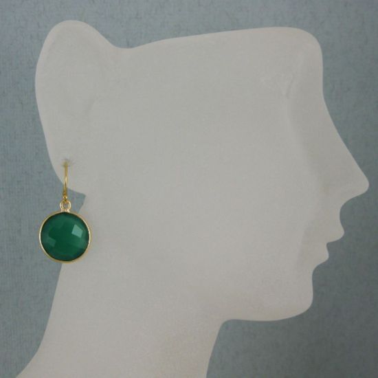 Wholesale Bezel Gemstone Round Pendant Earrings - Gold Plated Hooks - Green Onyx