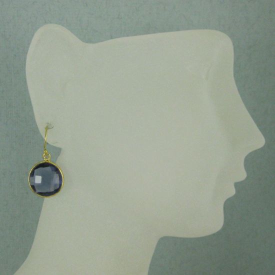 Wholesale Bezel Gemstone Round Pendant Earrings - Gold Plated Hooks- Iolite Quartz