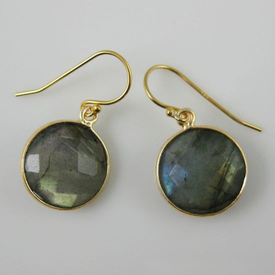 Wholesale Bezel Gemstone Round Pendant Earrings - Gold Plated Hooks - Labradorite