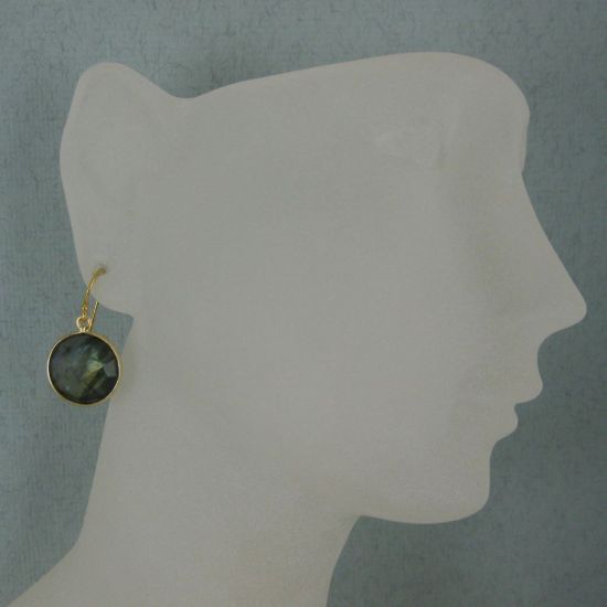 Wholesale Bezel Gemstone Round Pendant Earrings - Gold Plated Hooks - Labradorite