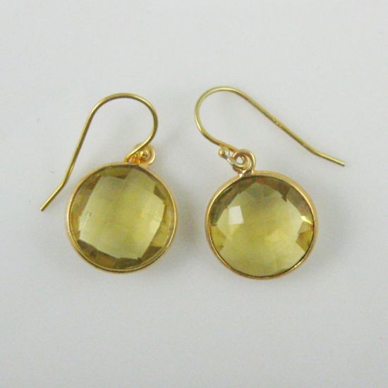Wholesale Bezel Gemstone Round Pendant Earrings - Gold Plated Hooks - Lemon Quartz