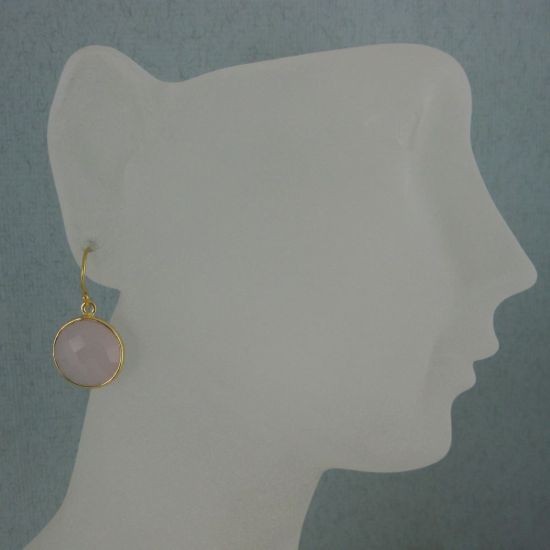 Wholesale Bezel Gemstone Round Pendant Earrings - Gold Plated Hooks - Pink Chalcedony