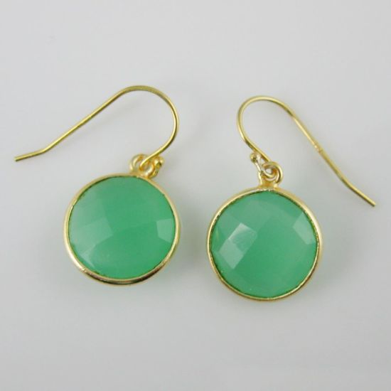 Wholesale Bezel Gemstone Round Pendant Earrings - Gold Plated Hooks - Prenite Chalcedony