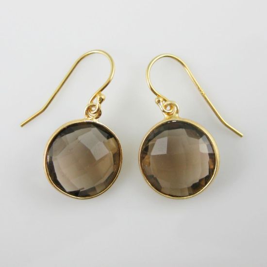Wholesale Bezel Gemstone Round Pendant Earrings - Gold Plated Hooks - Smoky Quartz
