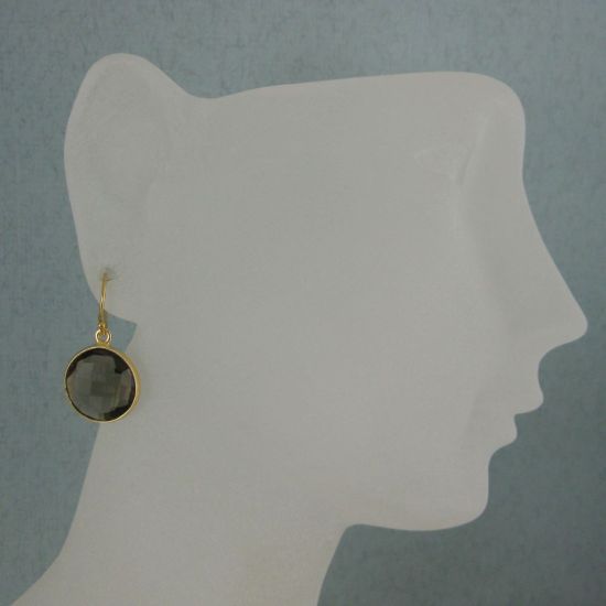 Wholesale Bezel Gemstone Round Pendant Earrings - Gold Plated Hooks - Smoky Quartz