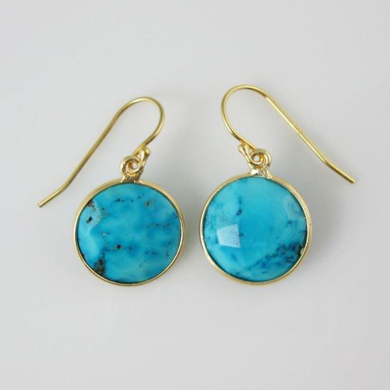 Wholesale Bezel Gemstone Round Pendant Earrings - Gold Plated Hooks - Turquoise
