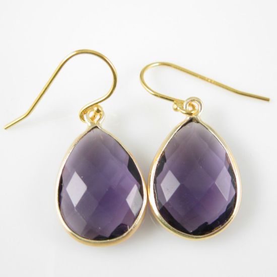 Wholesale Bezel Gemstone Tear Pendant Earrings - Gold Plated Hooks -Amethyst