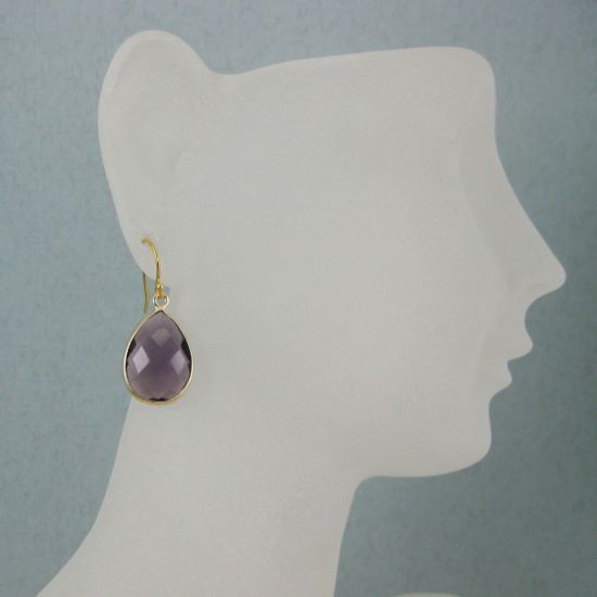 Wholesale Bezel Gemstone Tear Pendant Earrings - Gold Plated Hooks -Amethyst