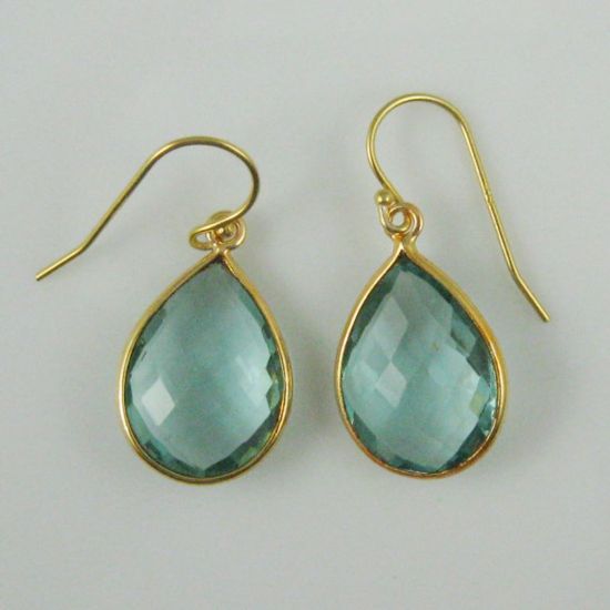 Wholesale Bezel Gemstone Tear Pendant Earrings - Gold Plated Hooks - Aqua Quartz