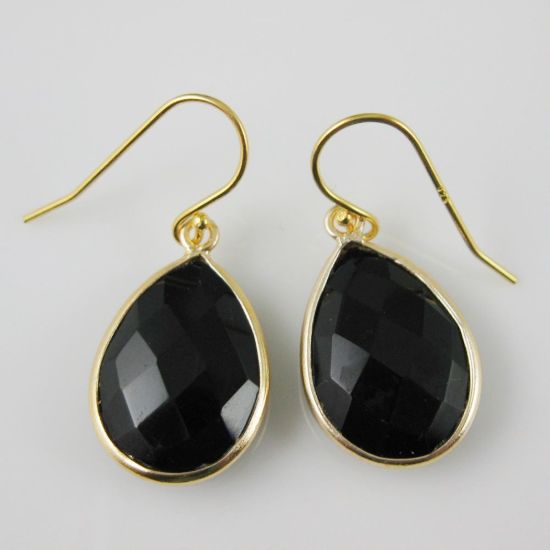 Wholesale Bezel Gemstone Tear Pendant Earrings - Gold Plated Hooks - Black Onyx