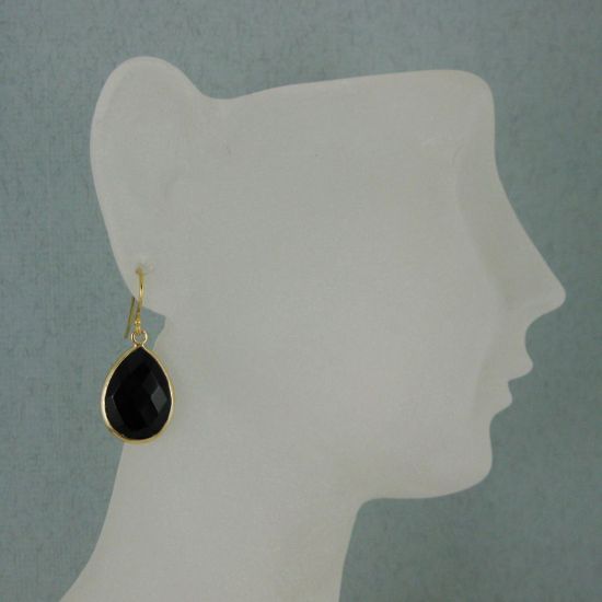 Wholesale Bezel Gemstone Tear Pendant Earrings - Gold Plated Hooks - Black Onyx