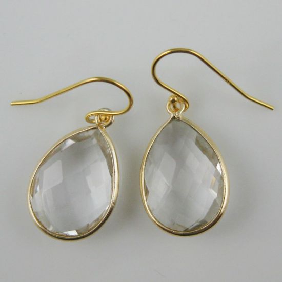 Wholesale Bezel Gemstone Tear Pendant Earrings - Gold Plated Hooks - Crystal Quartz