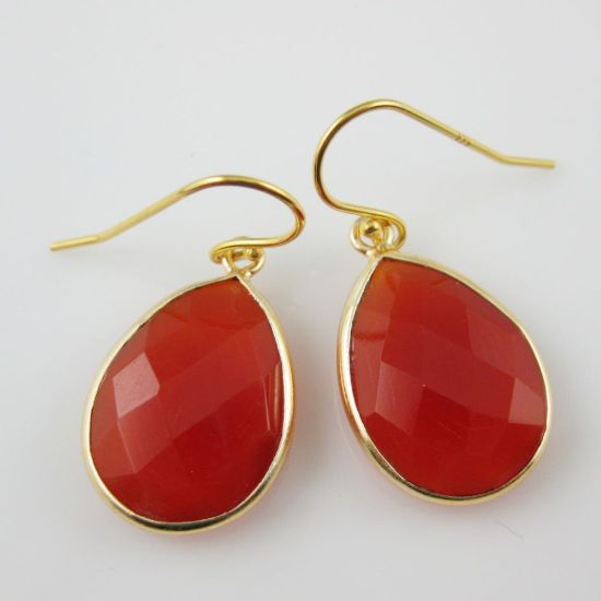 Wholesale Bezel Gemstone Tear Pendant Earrings - Gold Plated Hooks - Carnelian