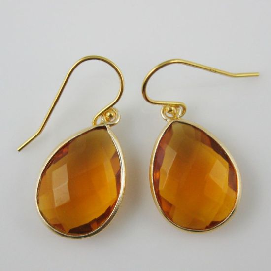 Wholesale Bezel Gemstone Tear Pendant Earrings - Gold Plated Hooks - Citrine Quartz
