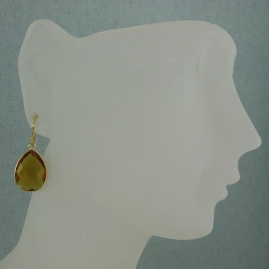 Wholesale Bezel Gemstone Tear Pendant Earrings - Gold Plated Hooks - Citrine Quartz