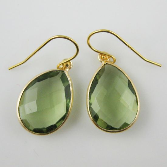 Wholesale Bezel Gemstone Tear Pendant Earrings - Gold Plated Hooks - Green Amethyst Quartz