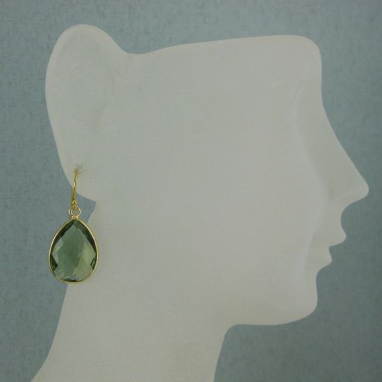 Wholesale Bezel Gemstone Tear Pendant Earrings - Gold Plated Hooks - Green Amethyst Quartz