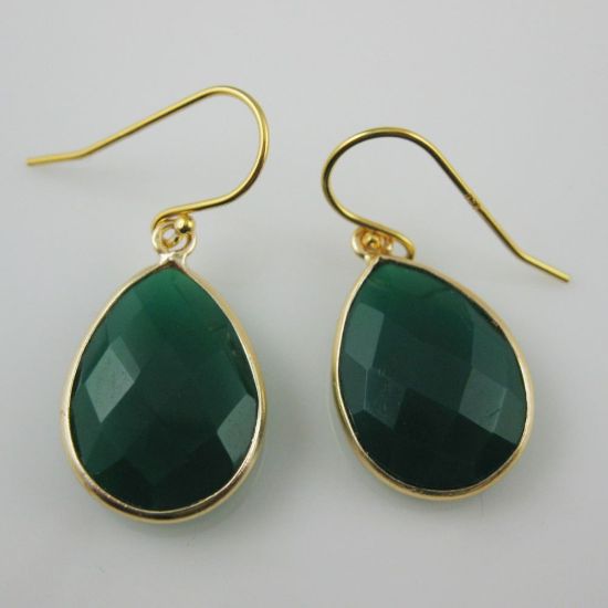 Wholesale Bezel Gemstone Tear Pendant Earrings - Gold Plated Hooks - Green Onyx