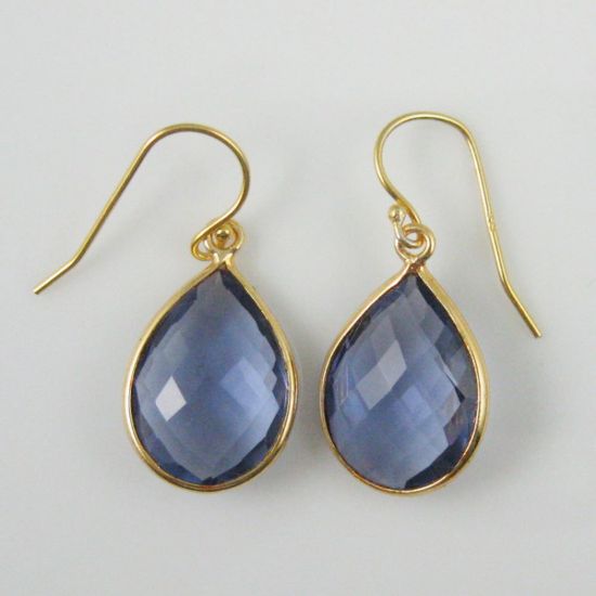 Wholesale Bezel Gemstone Tear Pendant Earrings - Gold Plated Hooks - Iolite Quartz