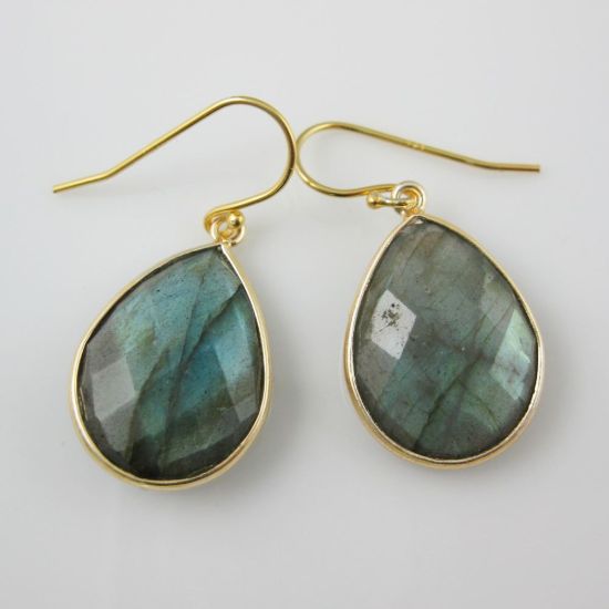 Wholesale Bezel Gemstone Tear Pendant Earrings - Gold Plated Hooks - Labradorite