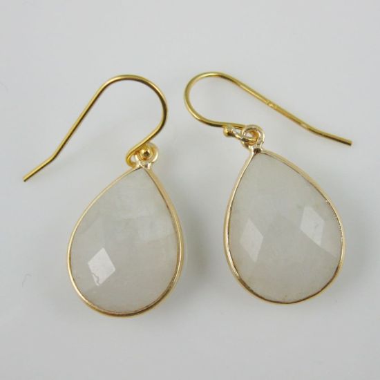 Wholesale Bezel Gemstone Tear Pendant Earrings - Gold Plated Hooks - Moonstone