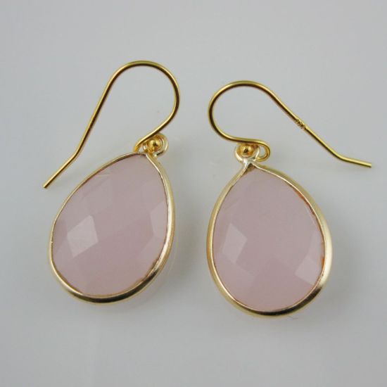 Wholesale Bezel Gemstone Tear Pendant Earrings - Gold Plated Hooks - Pink Chalcedony