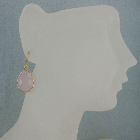 Wholesale Bezel Gemstone Tear Pendant Earrings - Gold Plated Hooks - Pink Chalcedony