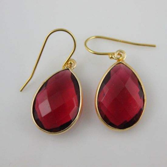 Wholesale Bezel Gemstone Tear Pendant Earrings - Gold Plated Hooks - Rubylite Quartz