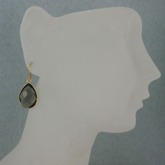 Wholesale Bezel Gemstone Tear Pendant Earrings - Gold Plated Hooks - Smoky Quartz