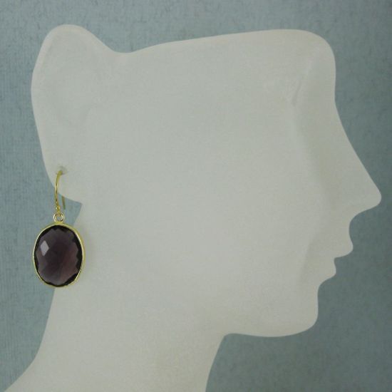 Wholesale Bezel Gemstone Oval Pendant Earrings - Gold Plated Hooks - Amethyst