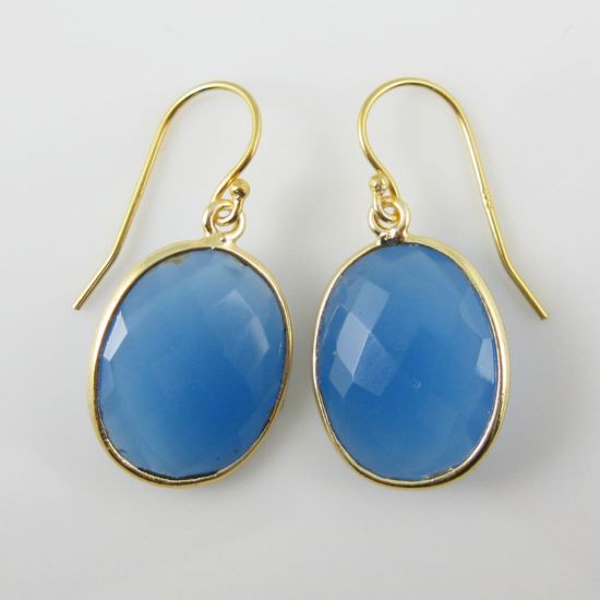 Wholesale Bezel Gemstone Oval Pendant Earrings - Gold Plated Hooks - Blue Chalcedony