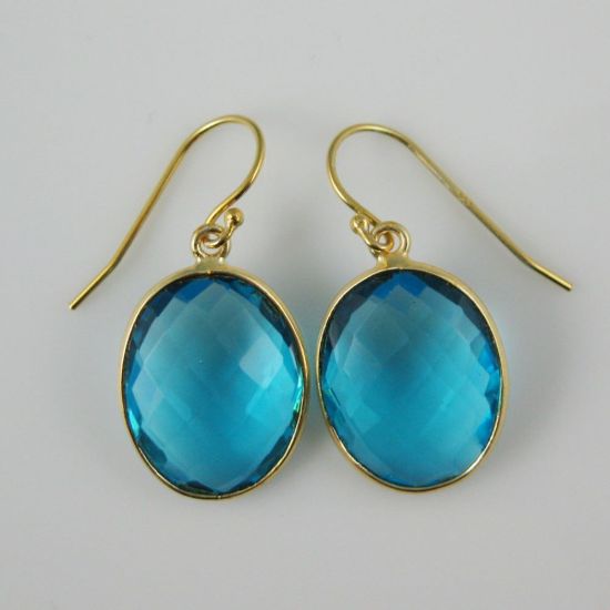 Wholesale Bezel Gemstone Oval Pendant Earrings - Gold Plated Hooks - Blue Quartz