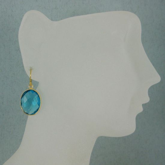 Wholesale Bezel Gemstone Oval Pendant Earrings - Gold Plated Hooks - Blue Quartz