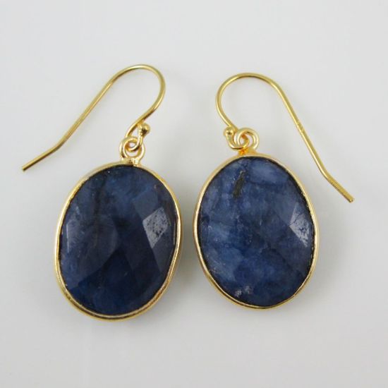 Wholesale Bezel Gemstone Oval Pendant Earrings - Gold Plated Hooks - Blue Sapphire Dyed