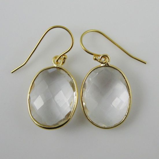 Wholesale Bezel Gemstone Oval Pendant Earrings - Gold Plated Hooks - Crystal Quartz