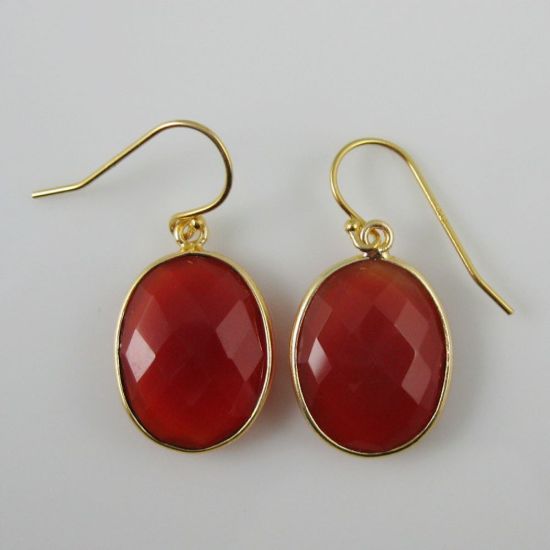 Wholesale Bezel Gemstone Oval Pendant Earrings - Gold Plated Hooks - Carnelian