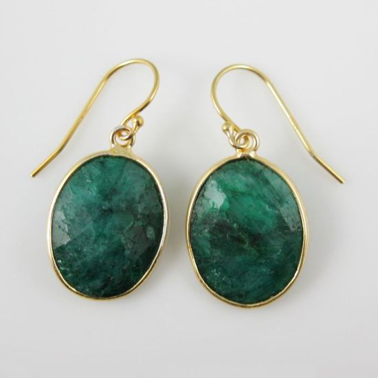 Wholesale Bezel Gemstone Oval Pendant Earrings - Gold Plated Hooks -Emerald Dyed