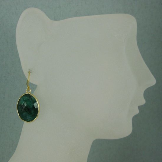 Wholesale Bezel Gemstone Oval Pendant Earrings - Gold Plated Hooks -Emerald Dyed