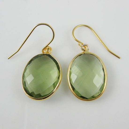 Wholesale Bezel Gemstone Oval Pendant Earrings - Gold Plated Hooks - Green Amethyst Quartz