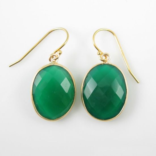 Wholesale Bezel Gemstone Oval Pendant Earrings - Gold Plated Hooks - Green Onyx