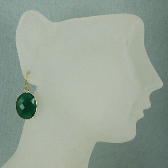 Wholesale Bezel Gemstone Oval Pendant Earrings - Gold Plated Hooks - Green Onyx
