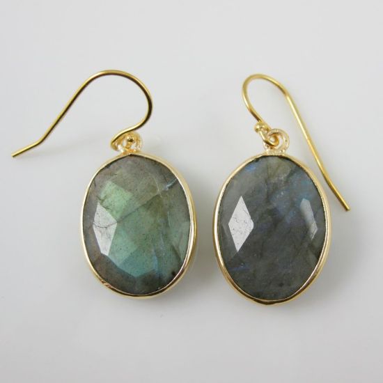Wholesale Bezel Gemstone Oval Pendant Earrings - Gold Plated Hooks - Labradorite