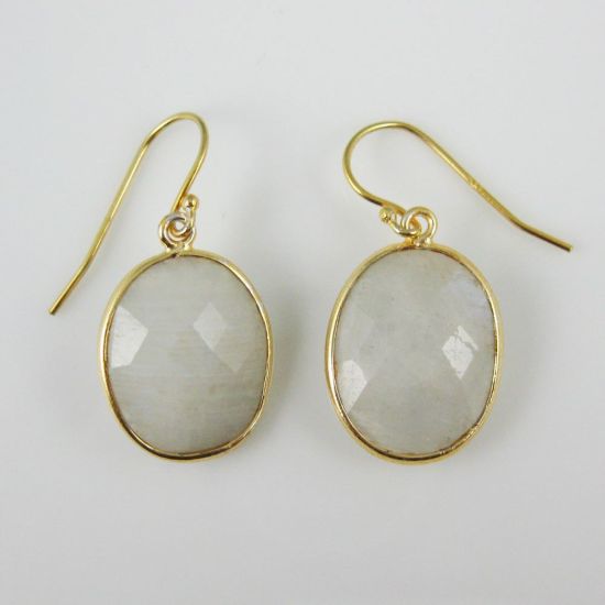 Wholesale Bezel Gemstone Oval Pendant Earrings - Gold Plated Hooks - Moonstone