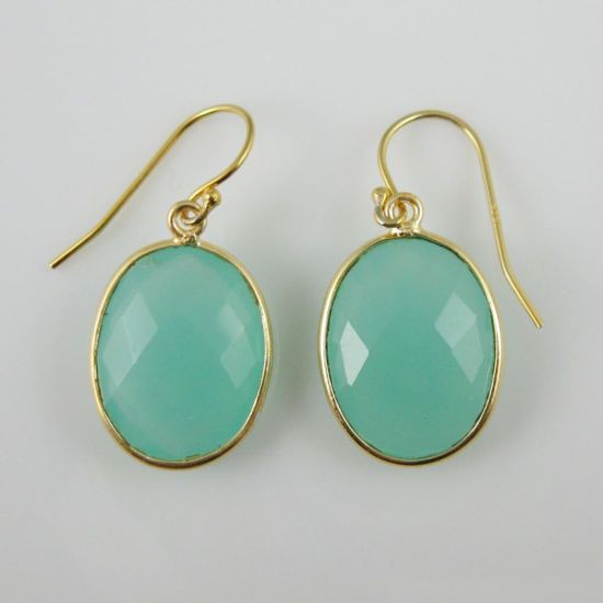Wholesale Bezel Gemstone Oval Pendant Earrings - Gold Plated Hooks -Peru Chalcedony