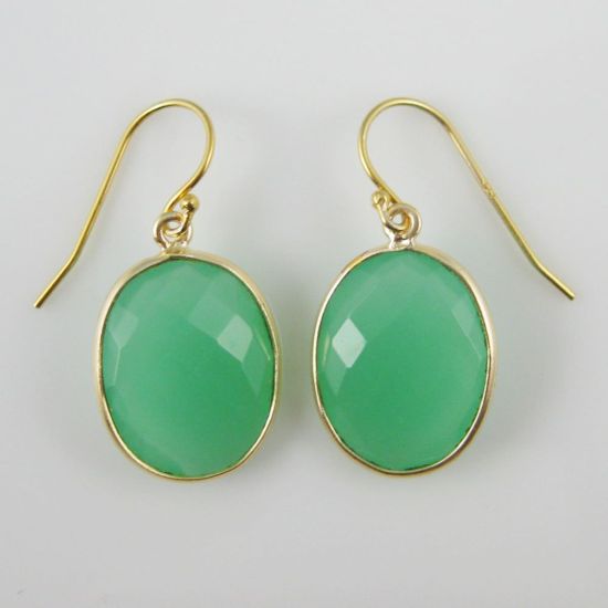 Wholesale Bezel Gemstone Oval Pendant Earrings - Gold Plated Hooks - Prenite Chalcedony