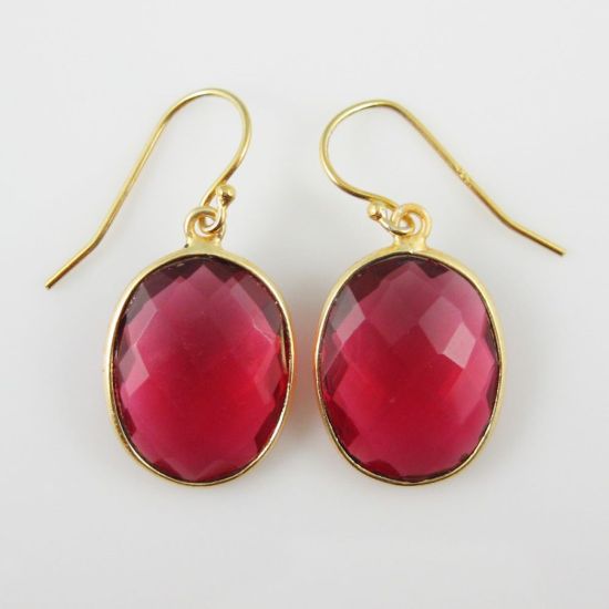 Wholesale Bezel Gemstone Oval Pendant Earrings - Gold Plated Hooks - Rubylite Quartz