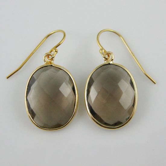 Wholesale Bezel Gemstone Oval Pendant Earrings - Gold Plated Hooks - Smoky Quartz