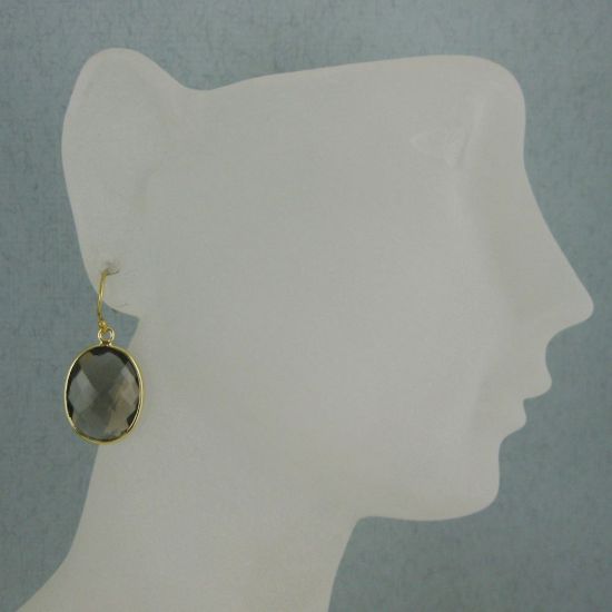 Wholesale Bezel Gemstone Oval Pendant Earrings - Gold Plated Hooks - Smoky Quartz